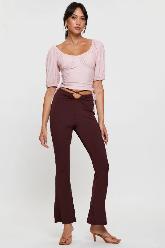 Brown Flare Pants High Rise Waist Tie