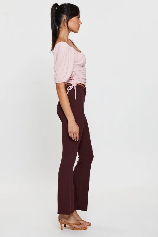 Brown Flare Pants High Rise Waist Tie