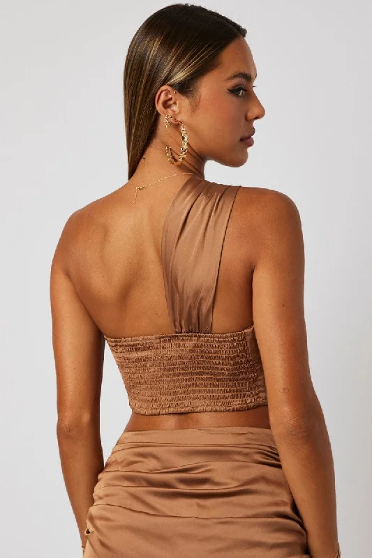 Brown One Shoulder Crop Top Twist Satin