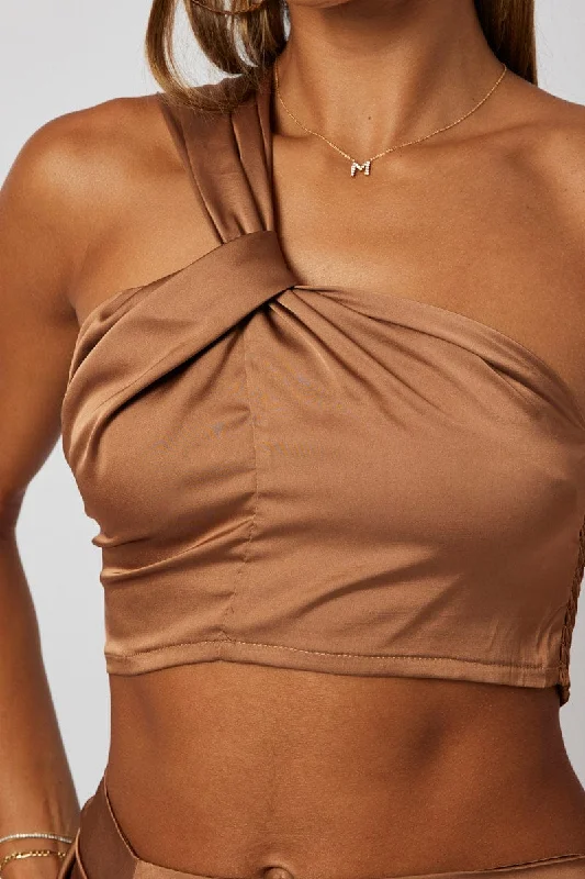 Brown One Shoulder Crop Top Twist Satin