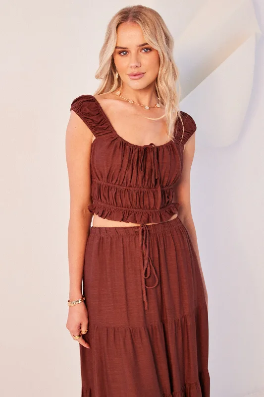 Brown Ruched Top Short Sleeve Linen Blend