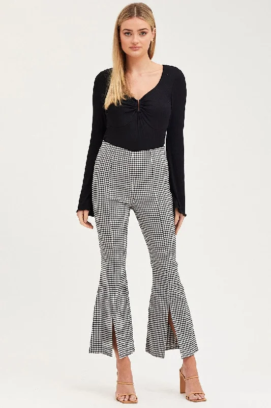 Check Flare Pants High Rise Front Split