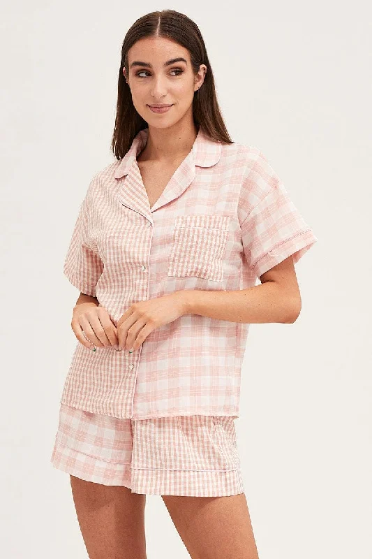 Check Short Sleeve Top And Pant Pj Set