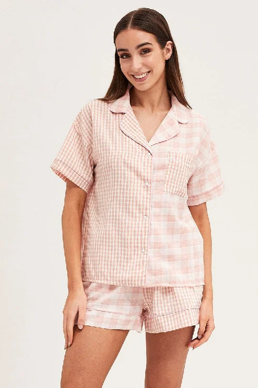 Check Short Sleeve Top And Pant Pj Set