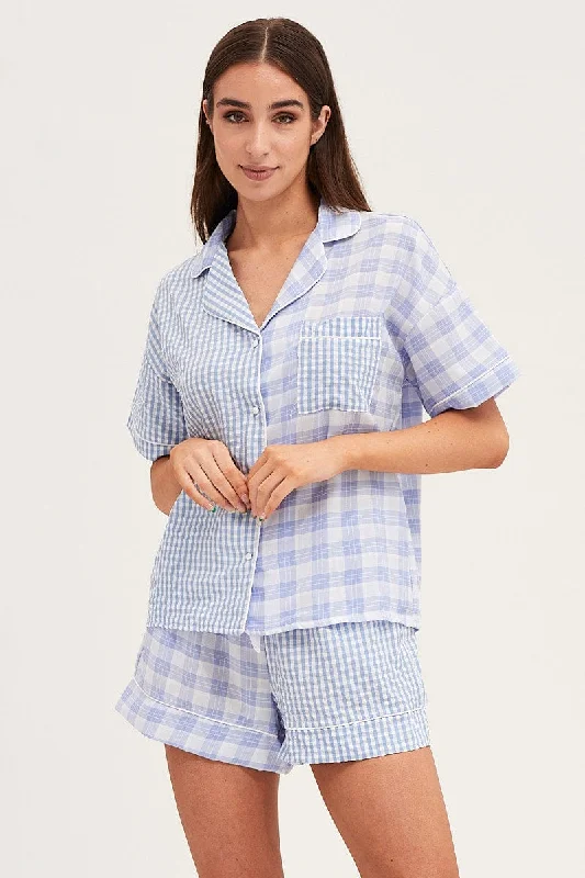 Check Short Sleeve Top And Pant Pj Set