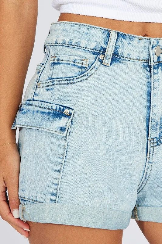 Denim High Waisted Cargo Denim Shorts Stretch