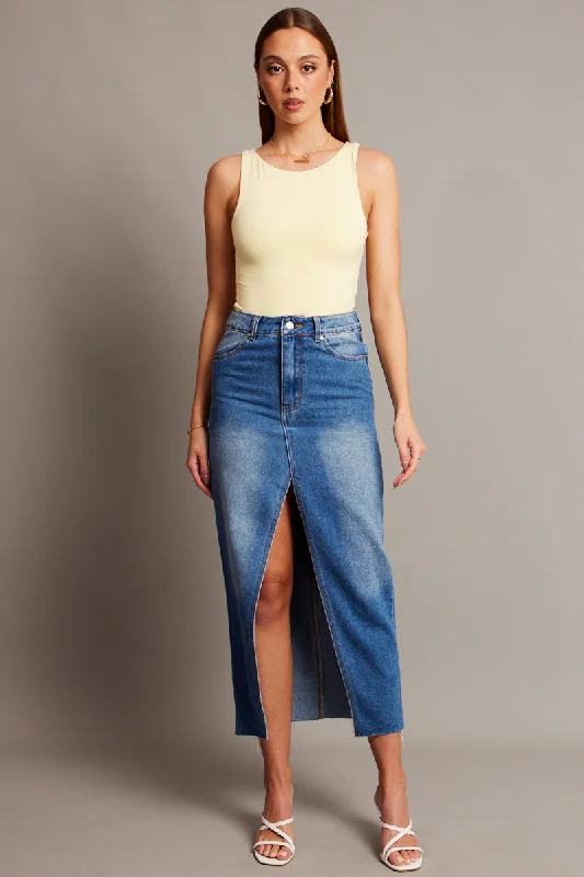 Denim Maxi Skirt High Rise Front Split