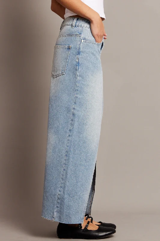 Denim Maxi Skirt High Rise Front Split