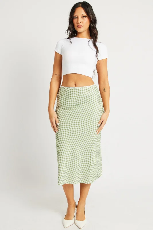 Green Check Slip Skirt High Rise Elasticated Waistband Midaxi