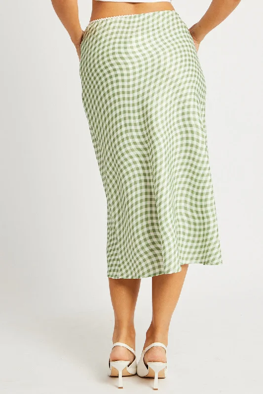 Green Check Slip Skirt High Rise Elasticated Waistband Midaxi