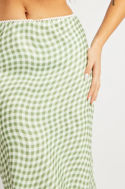 Green Check Slip Skirt High Rise Elasticated Waistband Midaxi