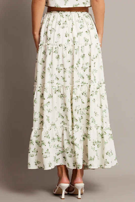 Green Floral Maxi Skirt Tiered High Rise Elastic Waistband