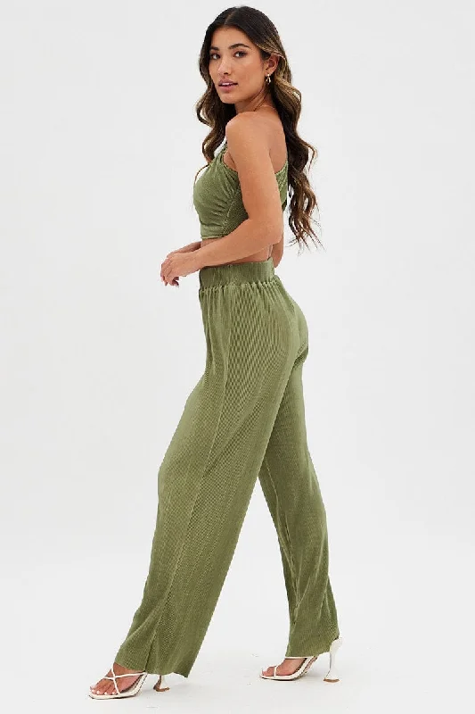 Green Plisse Pants Wide Leg