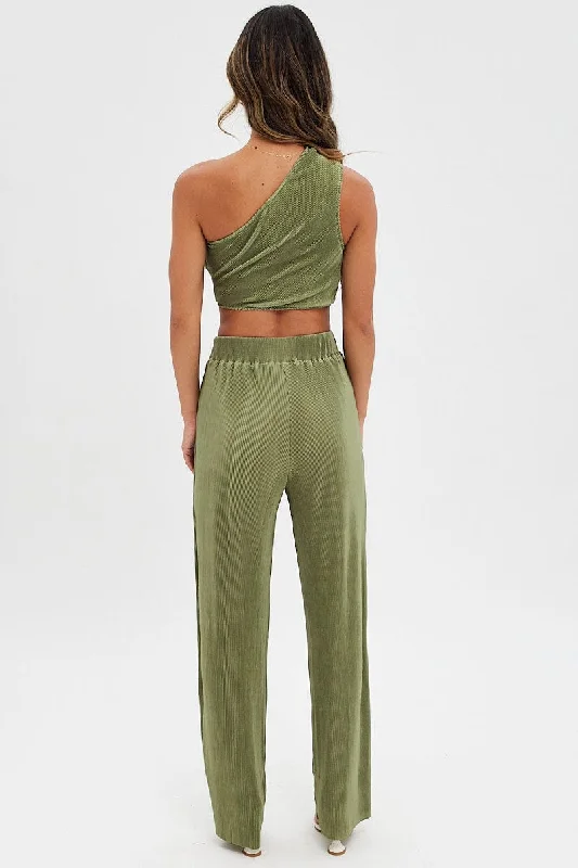 Green Plisse Pants Wide Leg