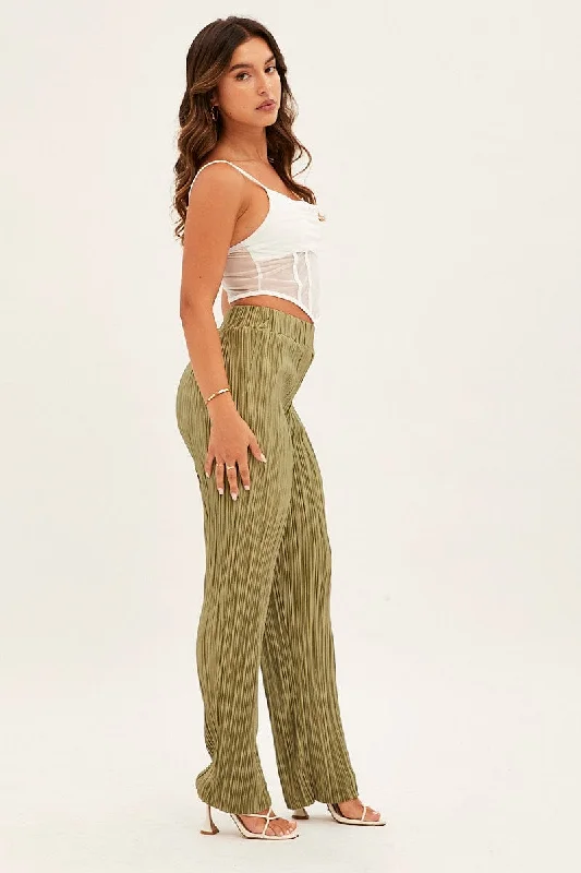 Green Plisse Pants Wide Leg