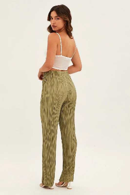 Green Plisse Pants Wide Leg