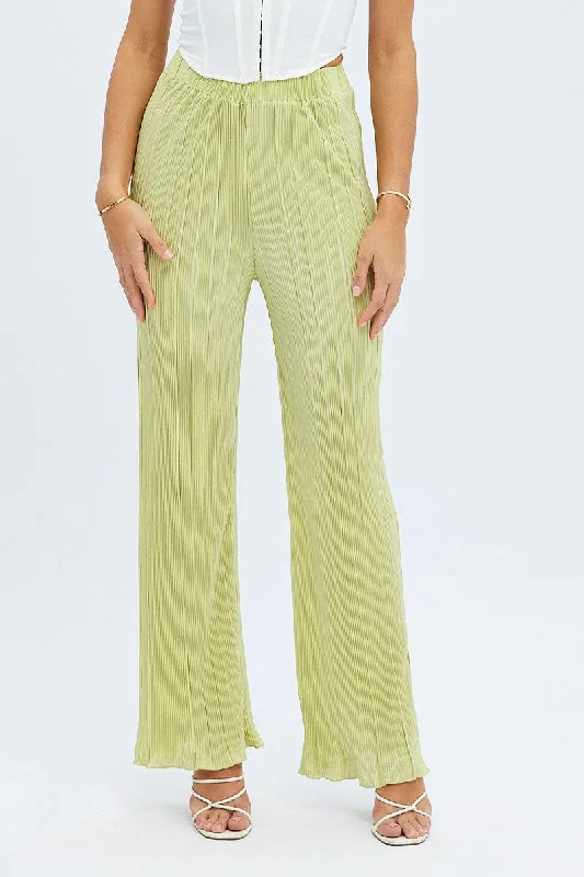 Green Plisse Pants Wide Leg High Rise