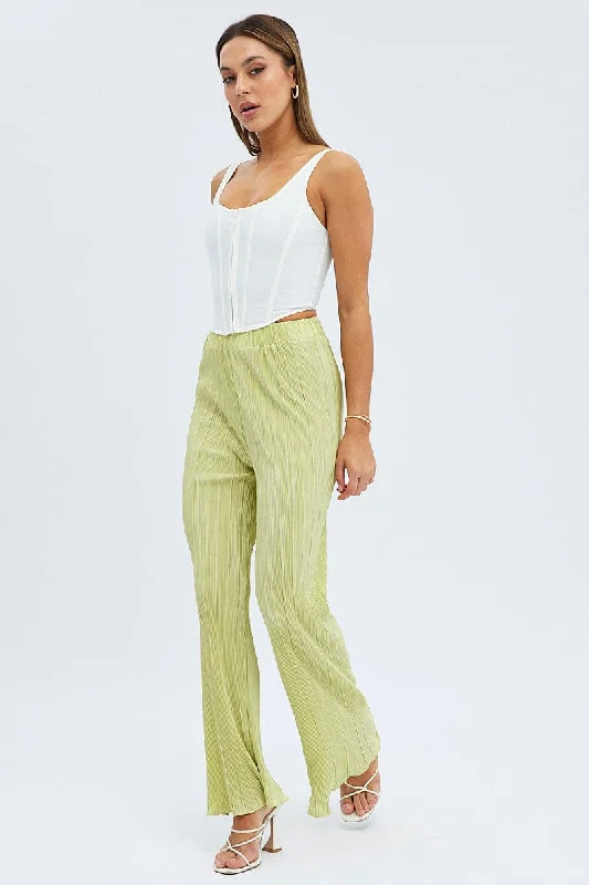 Green Plisse Pants Wide Leg High Rise