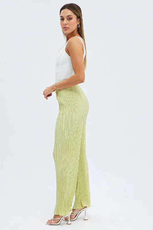 Green Plisse Pants Wide Leg High Rise