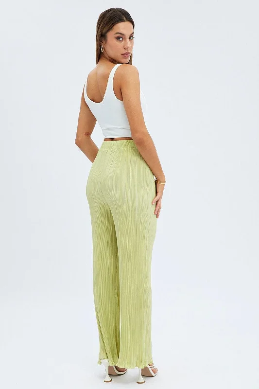 Green Plisse Pants Wide Leg High Rise