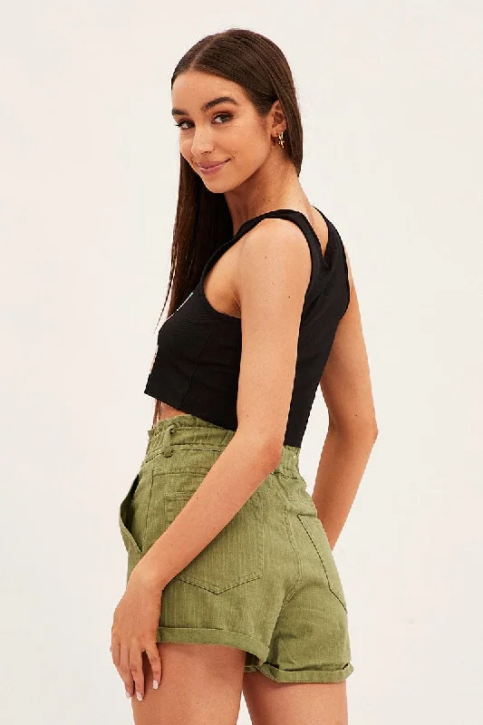 Green Relaxed Shorts Paper Bag High Rise