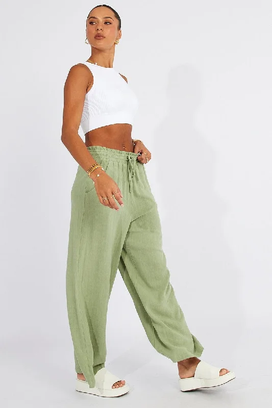 Green Wide Leg Pants High Rise