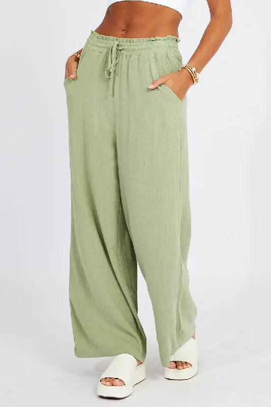 Green Wide Leg Pants High Rise