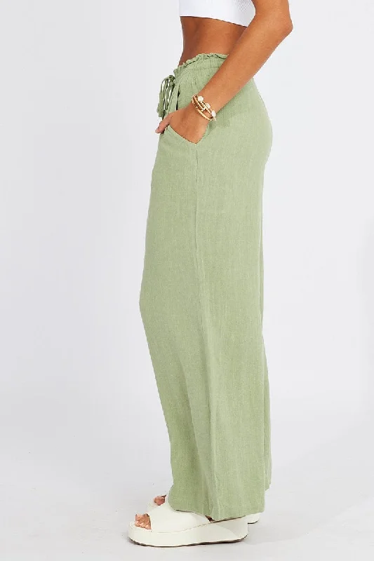 Green Wide Leg Pants High Rise