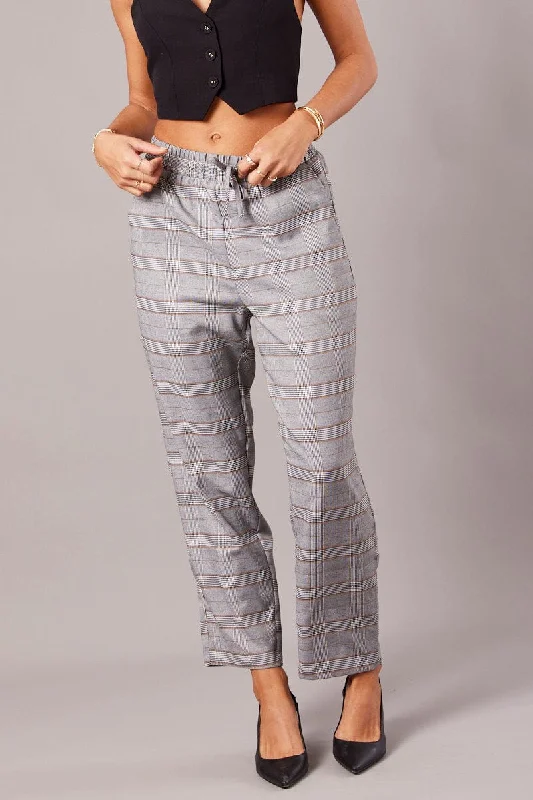 Grey Check Tapered Pants Elasticated Waist Cropped