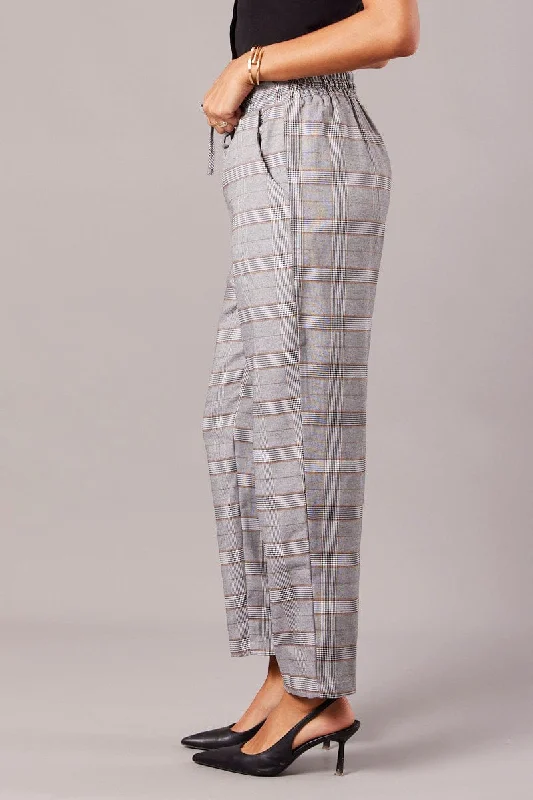 Grey Check Tapered Pants Elasticated Waist Cropped