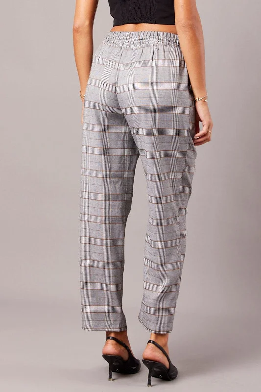 Grey Check Tapered Pants Elasticated Waist Cropped