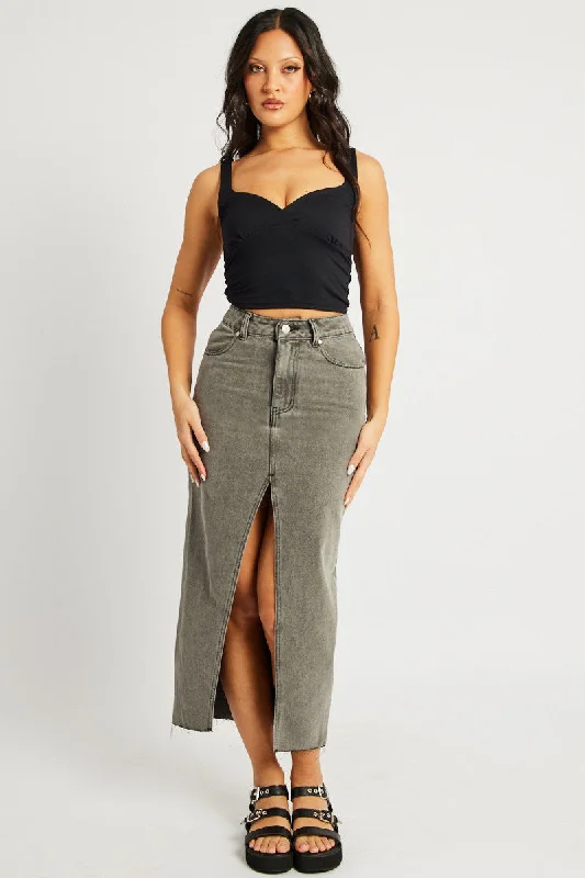 Grey Maxi Skirt High Rise Front Split