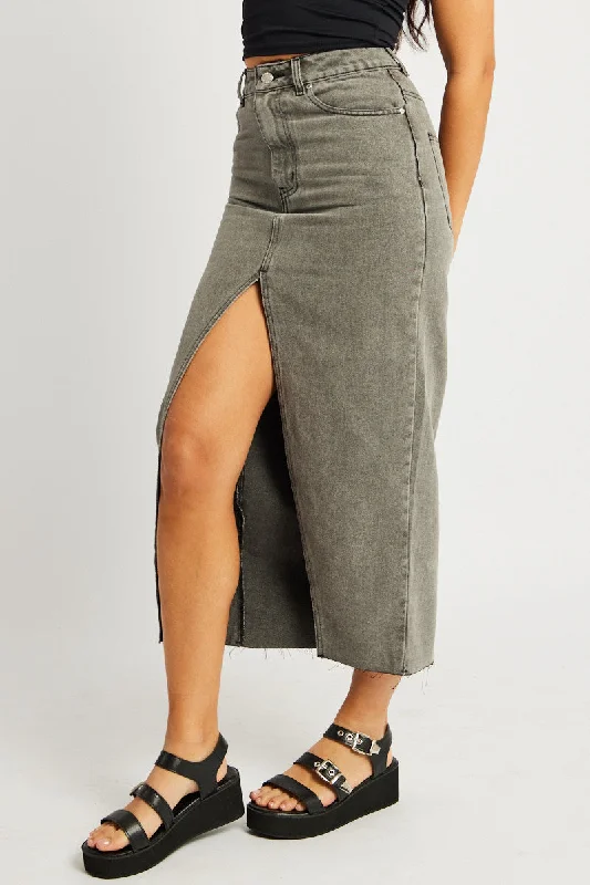 Grey Maxi Skirt High Rise Front Split