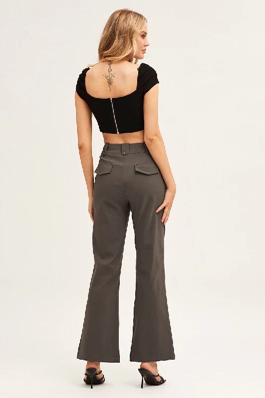 Grey Mid Rise Stretch Flare Pant