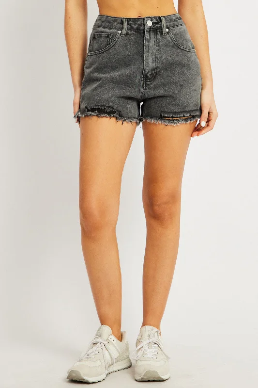 Grey Relaxed Denim Short Mid Rise