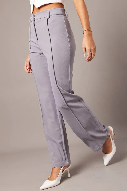 Grey Straight Fit Pants High Rise Workwear