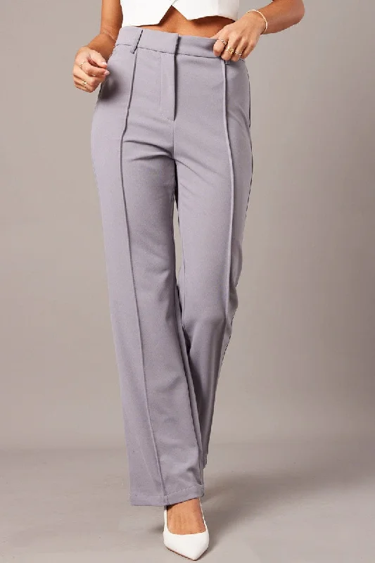 Grey Straight Fit Pants High Rise Workwear