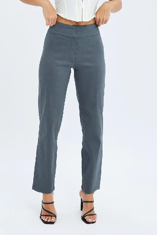 Grey Straight Fit Pants Mid Rise