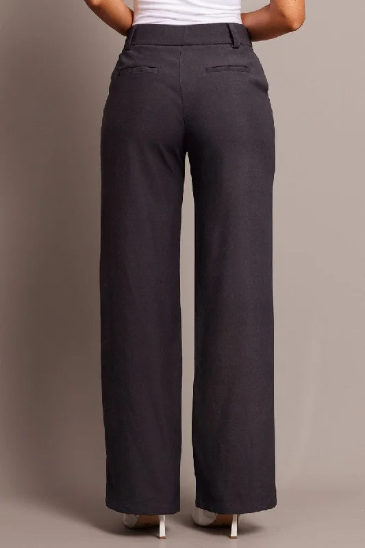 Grey Straight Fit Pants Mid Rise