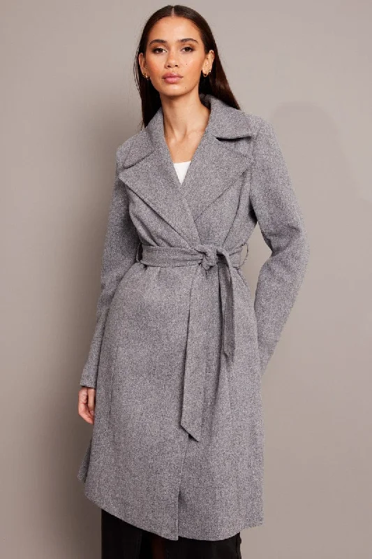 Grey Tie Front Coat Knee Length