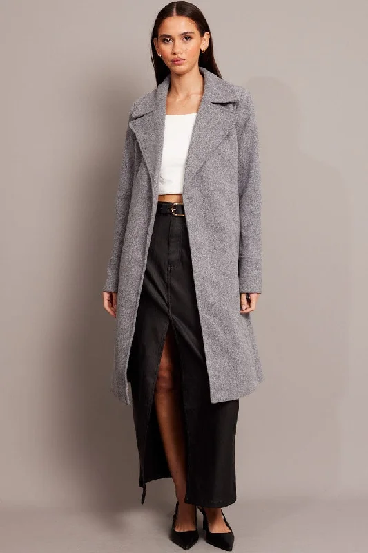 Grey Tie Front Coat Knee Length