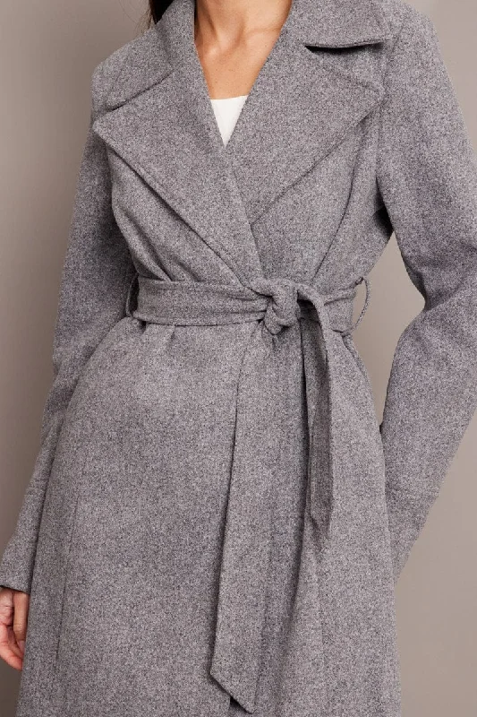 Grey Tie Front Coat Knee Length