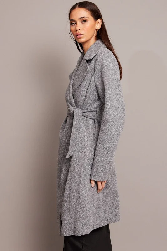 Grey Tie Front Coat Knee Length