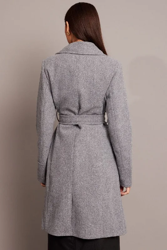 Grey Tie Front Coat Knee Length