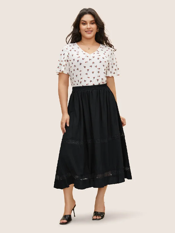 Lace Panel Elastic Waist Side Seam Pocket Skirt