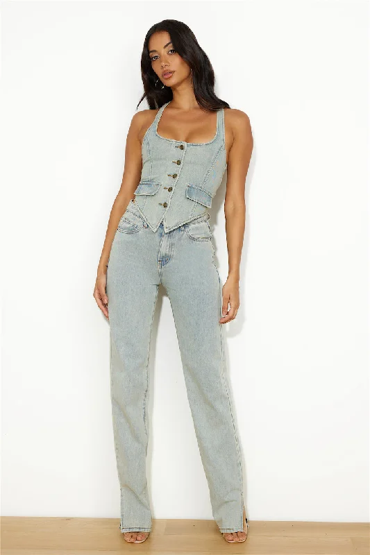 LIONESS NYC Halter Top Light Denim