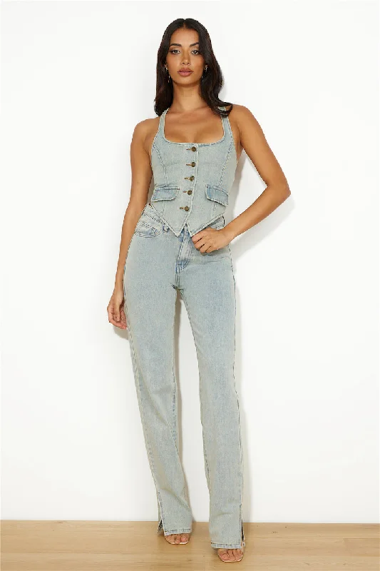 LIONESS NYC Halter Top Light Denim