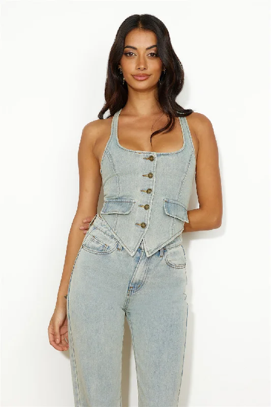 LIONESS NYC Halter Top Light Denim