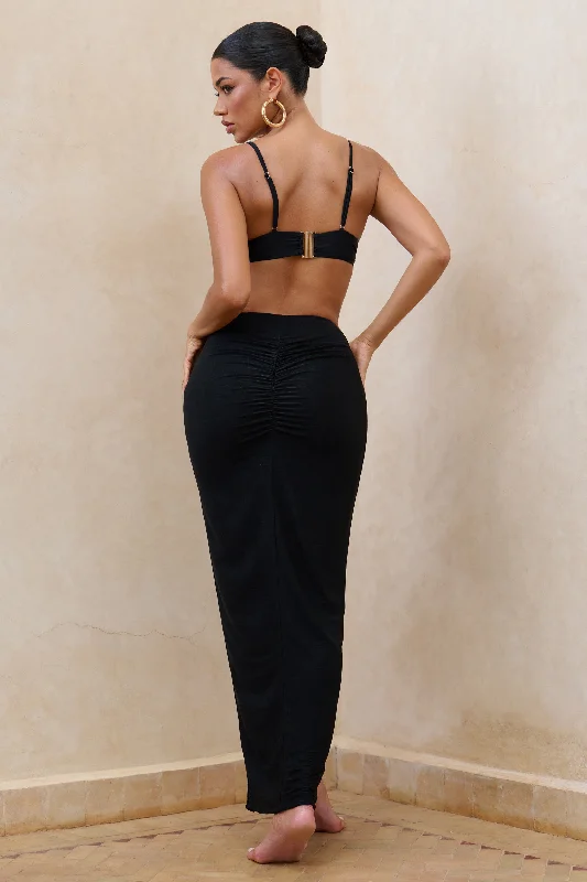 Longing | Black Ruched Chiffon Split Maxi Skirt With Drawstrings