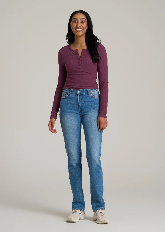 Long Sleeve Ribbed Crewneck Women's Tall Henley Shirt in Purple Gumdrop